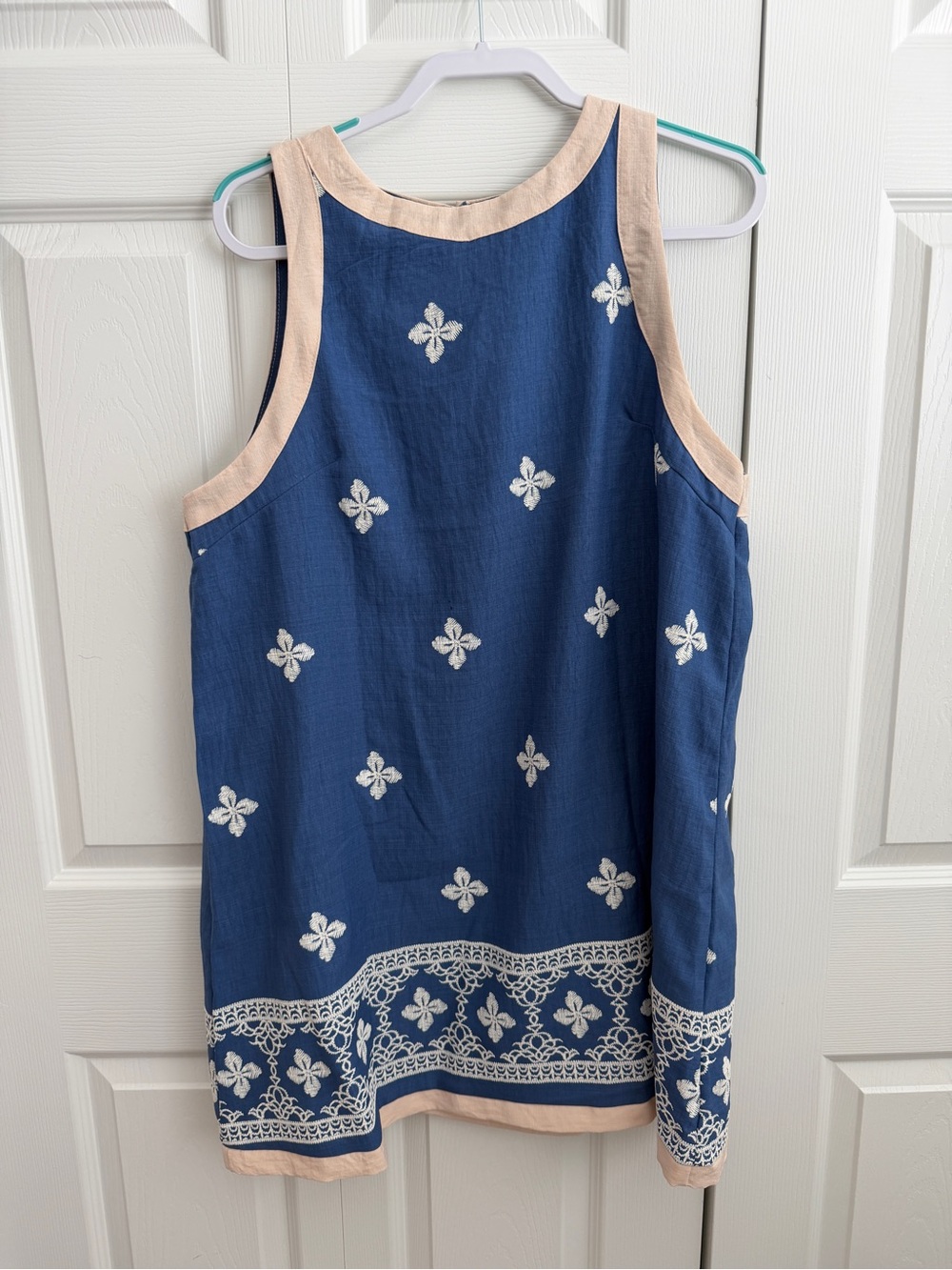SHEIN Blue Mini Dress with Cream Trim and White Embroidery
